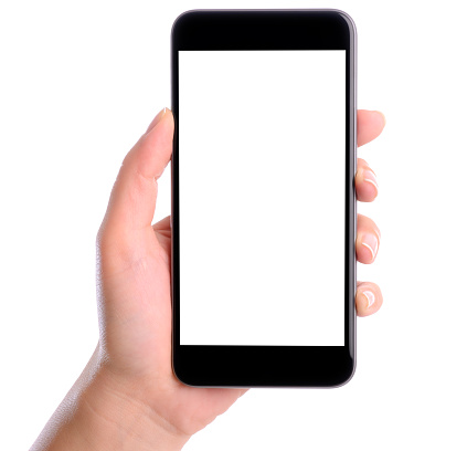 Hand holding blank white screen smart phone
