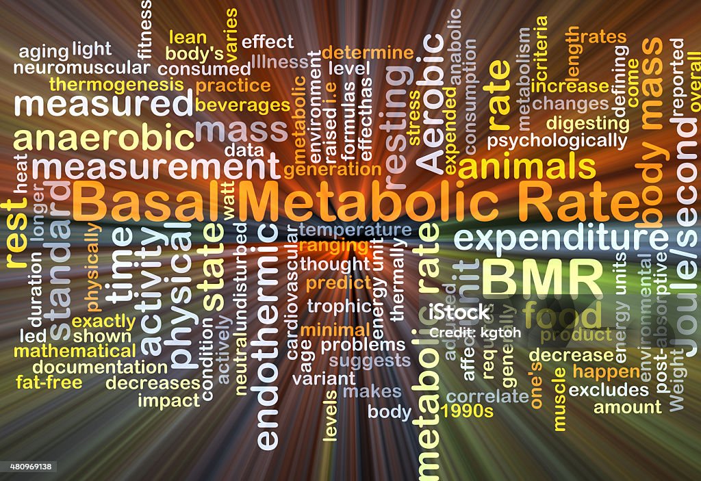 Basal metabolic rate BMR background concept glowing Background concept wordcloud illustration of basal metabolic rate BMR glowing light Finance Stock Photo