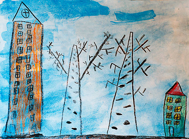 Children's drawing: a girl in a yellow dress walking through the forest, picking mushrooms. Hello Autumn Concept.