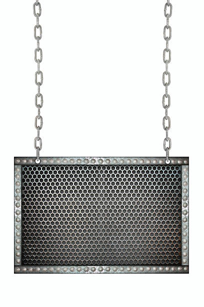 istock metal mesh Seamless signboard hanging on chains isolated 480974314