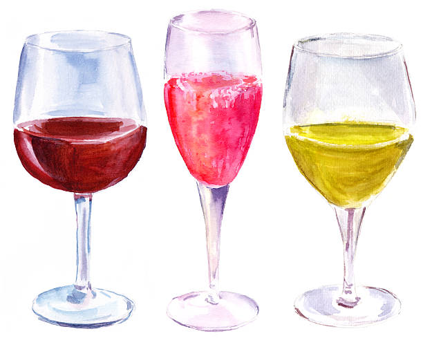 ilustraciones, imágenes clip art, dibujos animados e iconos de stock de watercolor conjunto de tres copas de vino sobre fondo blanco - white wine white background isolated on white champagne flute