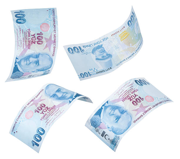 istock Flying 100 Turkish Liras on white background 480974742