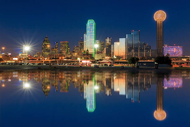 Dallas City skyline at twilight Dallas skyline reflected in Trinity River at sunset, Texas reunion tower photos stock pictures, royalty-free photos & images