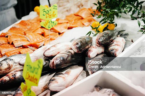 Foto de Robalo Com Gelo Triturado No Mercado De Peixes e mais fotos de stock de Abundância - Abundância, Alimentação Saudável, Almoço