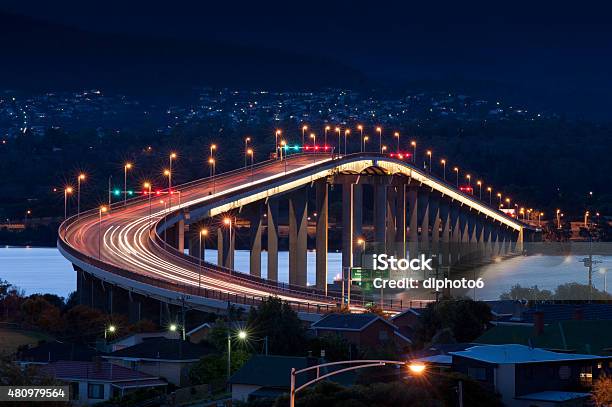 Tasman Bridge At Night Stock Photo - Download Image Now - 2015, Architectural Column, Architecture
