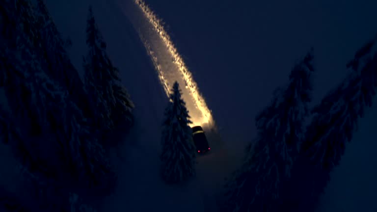 Driving On A Snowy Road At Night