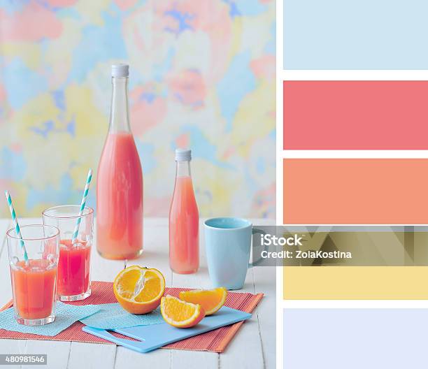 Grapefruit Juice Still Life And Color Palette Stock Photo - Download Image Now - 2015, Artist's Palette, Blue