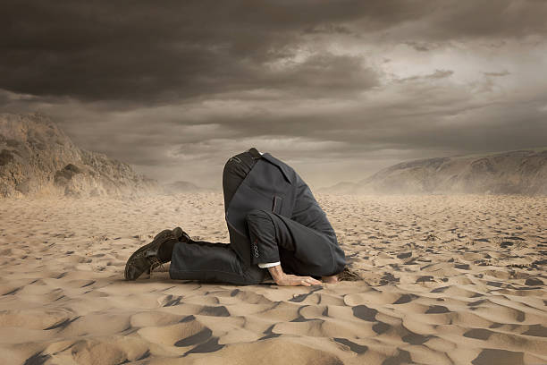 Crisis Young businessman hiding head in the sand embarrassment stock pictures, royalty-free photos & images