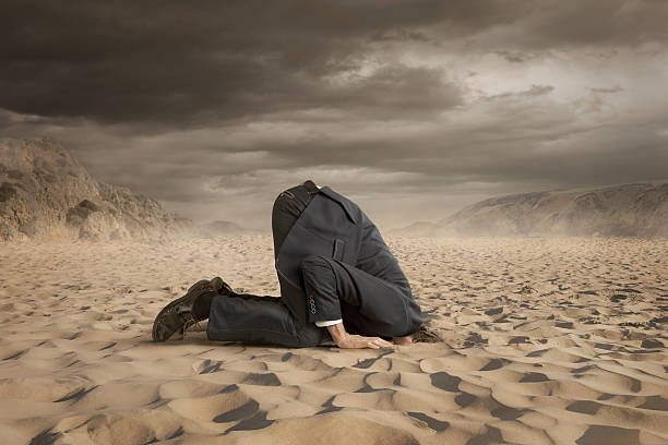 Crisis Young businessman hiding head in the sand hiding stock pictures, royalty-free photos & images