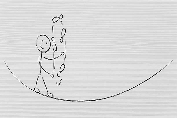 balancing and managing responsibilities: funny character jugglin stock photo
