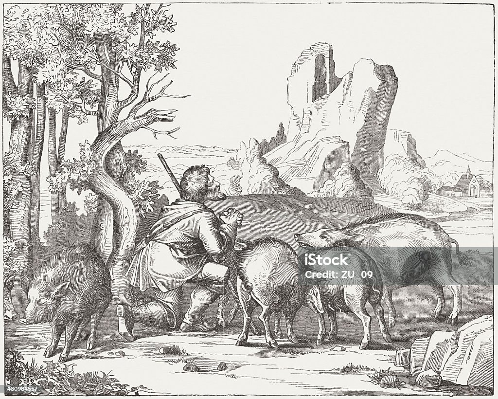 Die prodigal Sohn mit Schweinen (Luke 15, 11-32) - Lizenzfrei Gravur Stock-Illustration