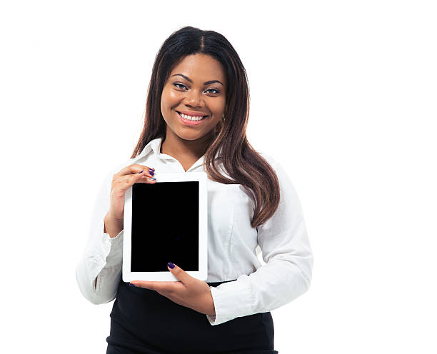 istock Smiling businesswoman showing tablet computer screen 480989562