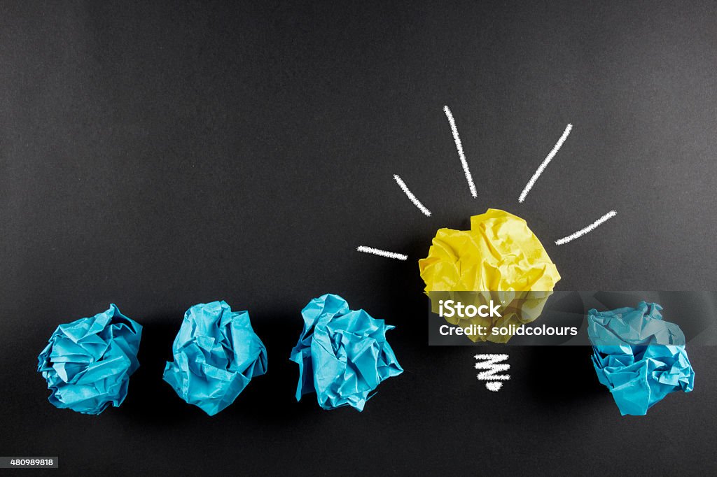 I Have a Good Idea Light bulb crumpled paper on blackboard. Idea concept background. 2015 Stock Photo