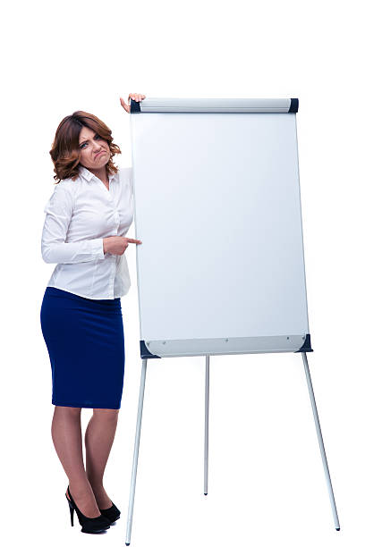 istock Sad businesswoman pointing finger on flipchart 480993892