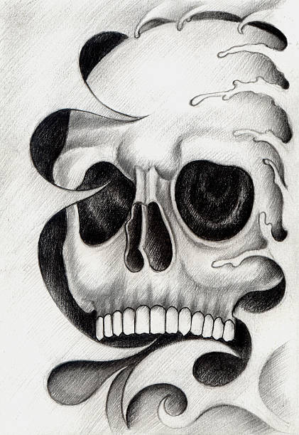 Skull art tattoo. Art design skull head mix graphic tribal tattoo hand pencil drawing on paper. cartoon of painted skull faces stock illustrations