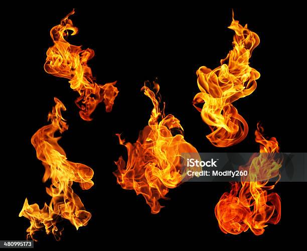 Fire Flames Collection Isolated On Black Background Stock Photo - Download Image Now