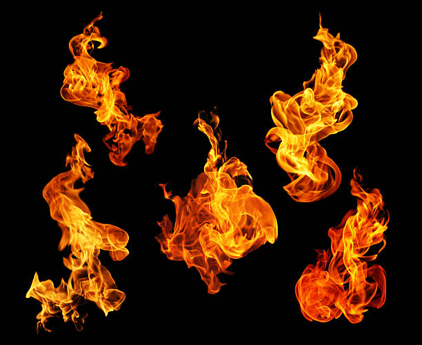 fire flames collection isolated on black background - yangın fotoğraflar stok fotoğraflar ve resimler