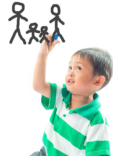 istock Little boy drawing abstract family on a white background 480995899