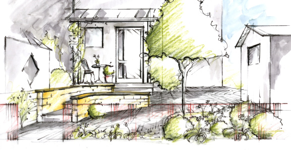 Landscaping - Garden plan View Sketch of urban Front Yard