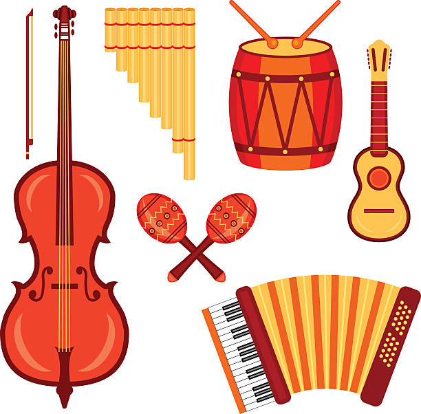 instruments set of musical instruments traditionaly used in Latin America: violoncello, charanga, drums, pan flute and accordion rattle clipart pictures stock illustrations