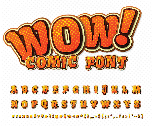 Creative comic font. Vector alphabet in style pop art Creative high detail comic font. Alphabet in the style of comics and pop art. Multilayer funny colorful letters and figures for decoration of kids' illustrations, websites, posters, comics and banners comic book page layout stock illustrations