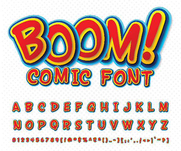 Creative comic font. Vector alphabet in style pop art Creative high detail comic font. Alphabet in the style of comics and pop art. Multilayer funny colorful letters and figures for decoration of kids' illustrations, websites, posters, comics and banners comic book page layout stock illustrations
