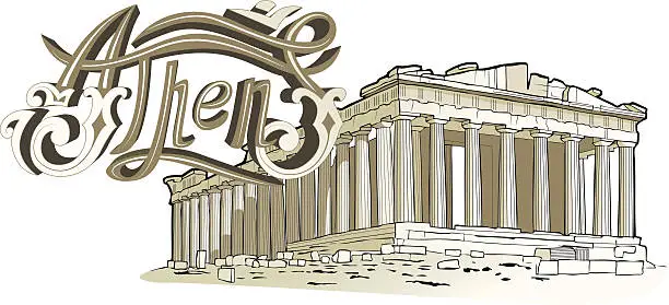 Vector illustration of Parthenon at Acropolis, with Athens Lettering