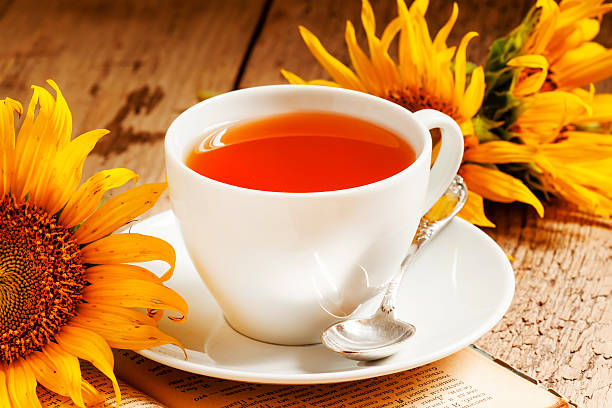 istock cup of black tea, sunflowers, old books 481000882