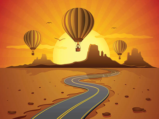 balon na gorące powietrze podróży - road scenics desert road usa stock illustrations