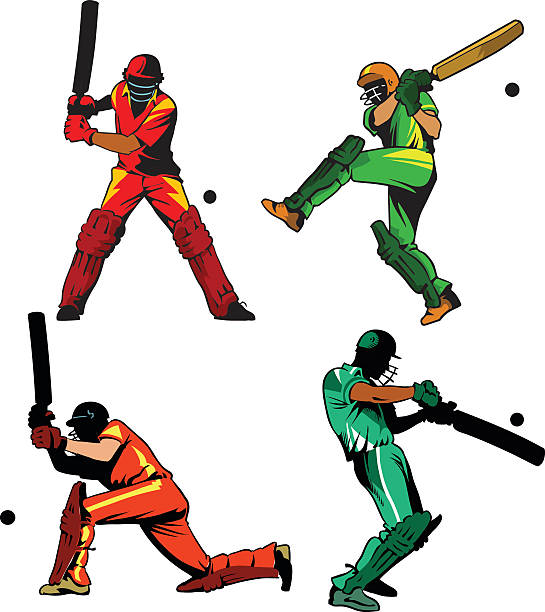 illustrazioni stock, clip art, cartoni animati e icone di tendenza di giocatori di cricket in linea e colore set - battitore del cricket