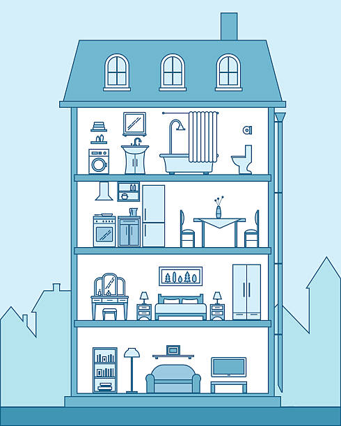 illustrazioni stock, clip art, cartoni animati e icone di tendenza di casa in un taglio. dettagliata moderna casa interno. - building interior illustrations