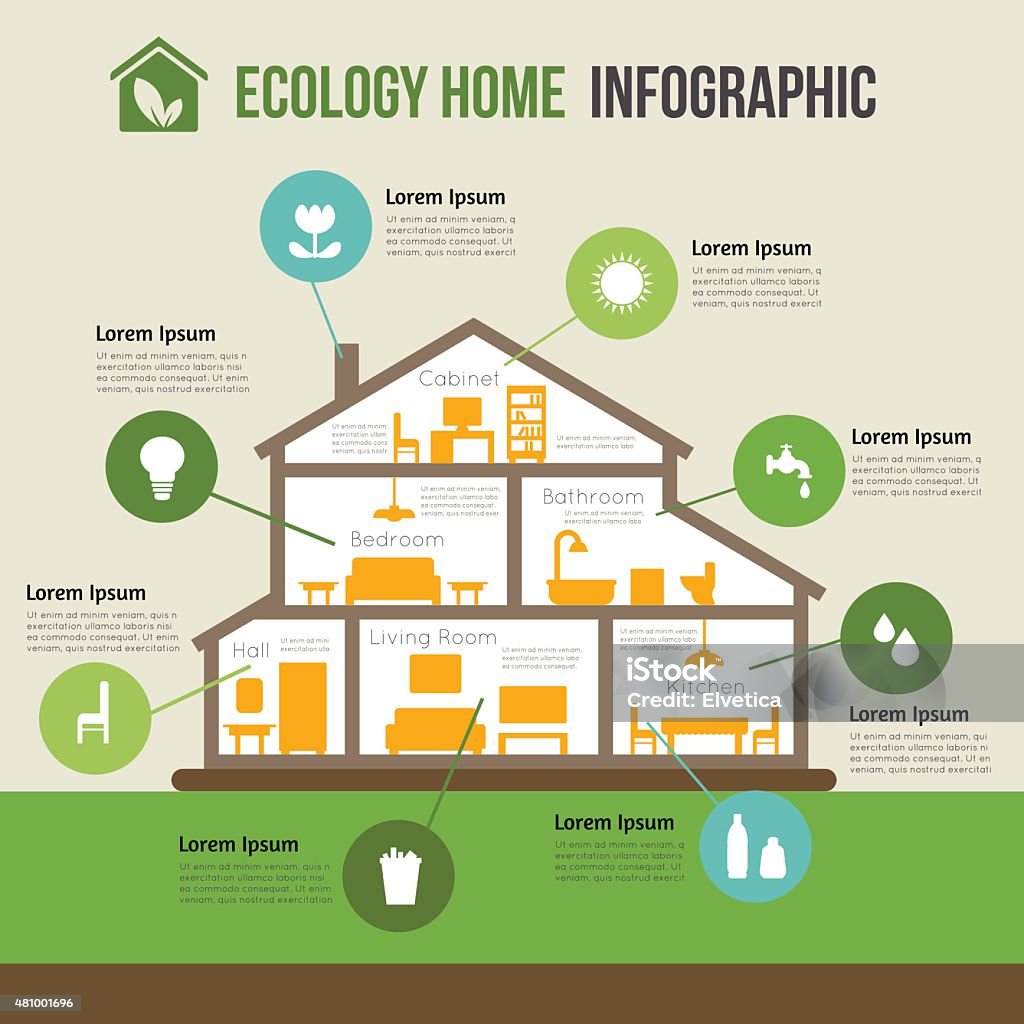 Eco-friendly home infographic Eco-friendly home infographic. Ecology green house. House in cut. Detailed modern house interior. Rooms with furniture.  Flat style vector illustration. Cross Section stock vector