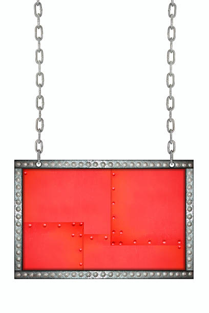 istock red plate with metal rivets signboard hanging on chains isolated 481006754