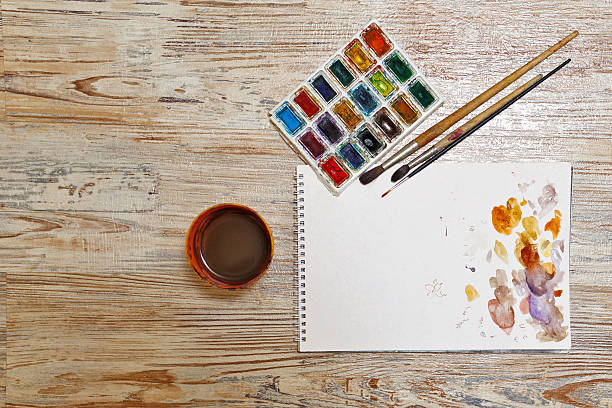 Paints, brushes and sketch pad. Tools of artist.