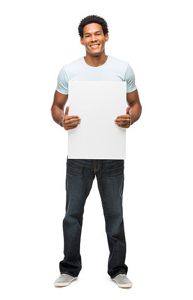 istock Casual latin man holding a white sign 481010775