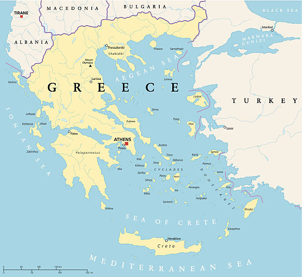 Greece Political Map Political map of Greece with the capital Athens, national borders, most important cities, rivers and lakes. With english labeling and scale. greek islands stock illustrations