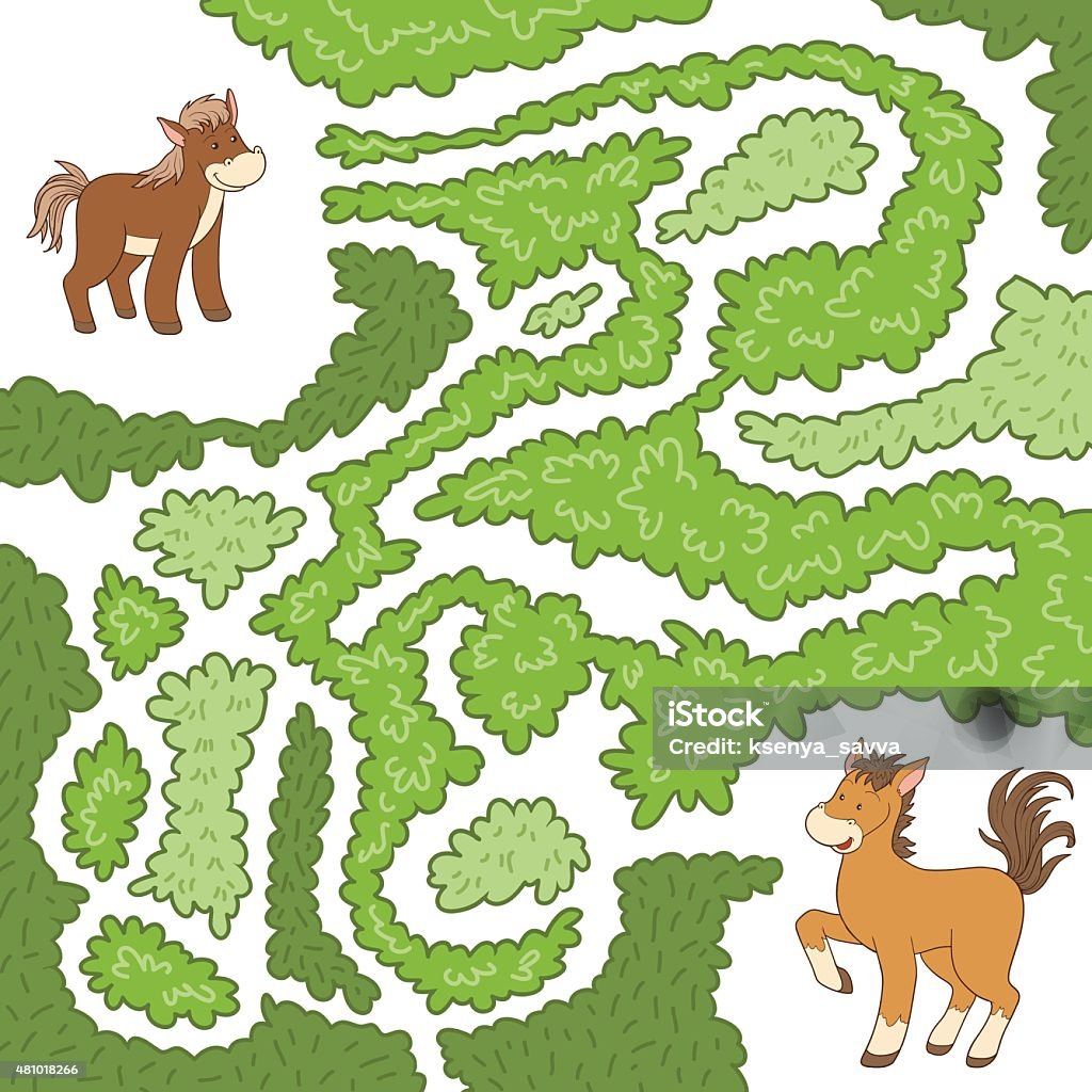 Maze game (horse family) Maze game for children: help the little horse to find the way to mother Doodle stock vector