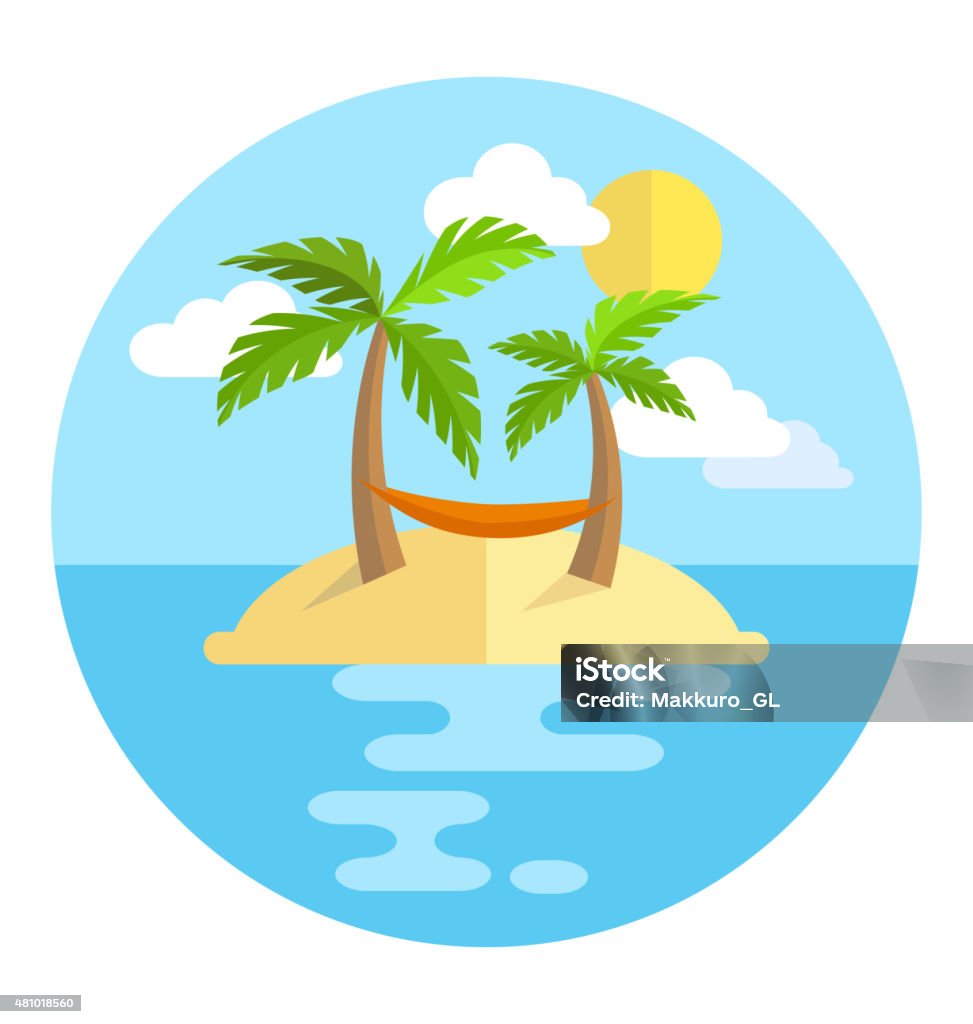 Vacances d'été, Icône cercle avec le soleil de l'île de palmiers et hamac - clipart vectoriel de Île libre de droits