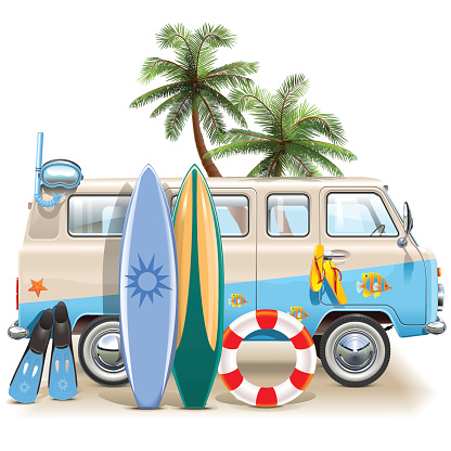 Vector Surfing Weekend Concept with bus, palm tree and beach accessories, isolated on white background