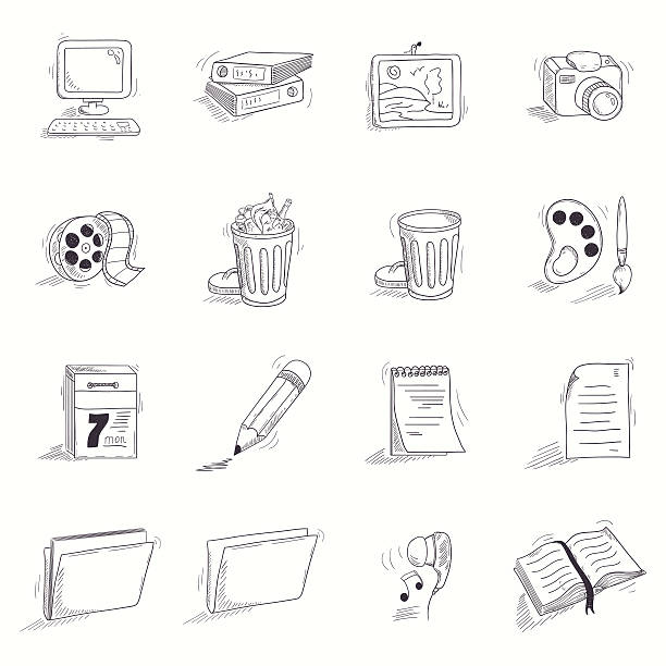 Sketch style desktop icons set Sketch style desktop icons set.  Doodle objects pencil drawing photos stock illustrations