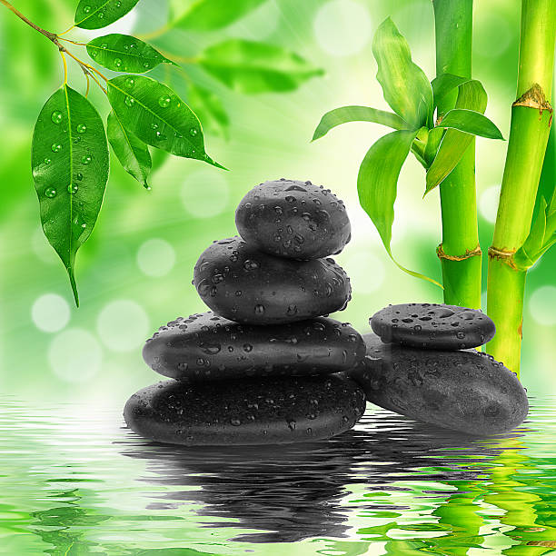 istock spa Background -  black stones and bamboo on water 481022021