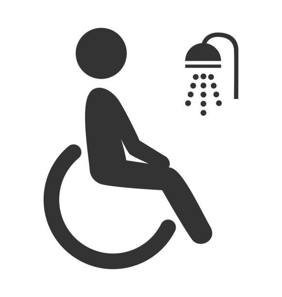 ilustraciones, imágenes clip art, dibujos animados e iconos de stock de discapacidad hombre pictograma icono plana ducha aislado en blanco - equipped