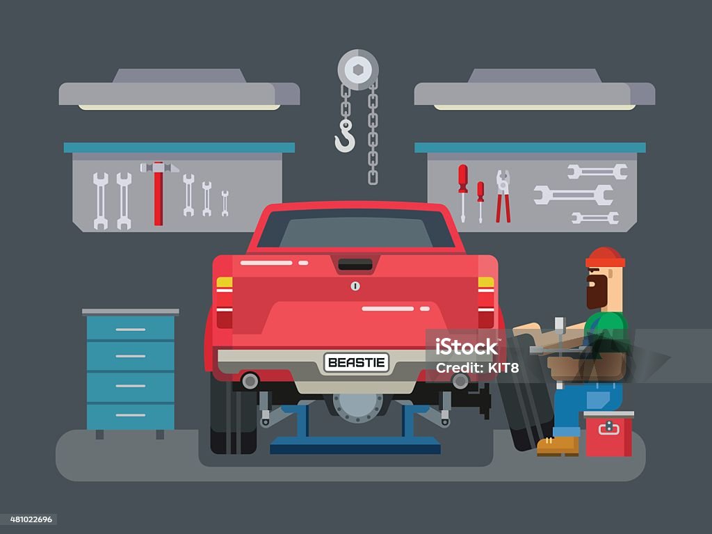 Mechanic Repairs Car In The Garage Stock Illustration - Download Image Now  - Auto Repair Shop, Cartoon, Garage - iStock