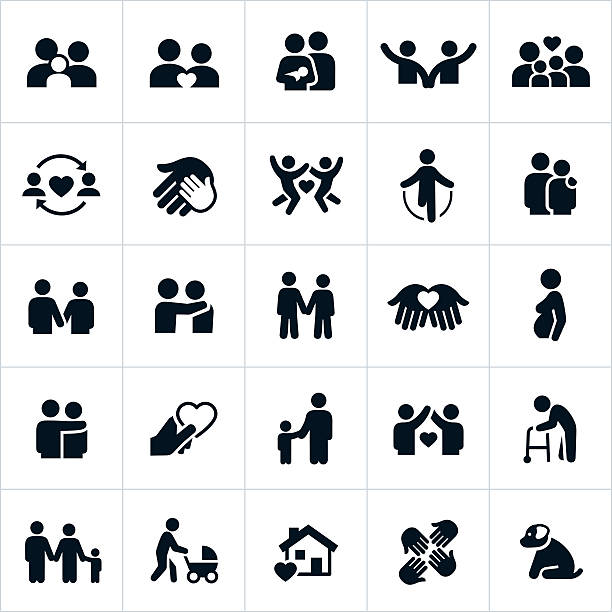 Couples and Family Relations Icons Icons representing couple and family relationships. The icons show couples holding hands, families, children, spouses and other loving relationship themes found within the family unit. children holding hands icon stock illustrations