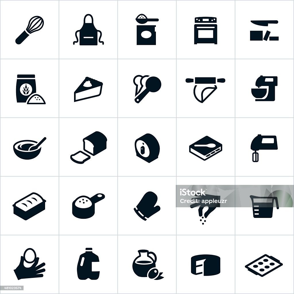 Baking Icons Icons associated with the baking of foods. The icons include food prep, utensils, ingredients and baked items in icon form. Icon Symbol stock vector