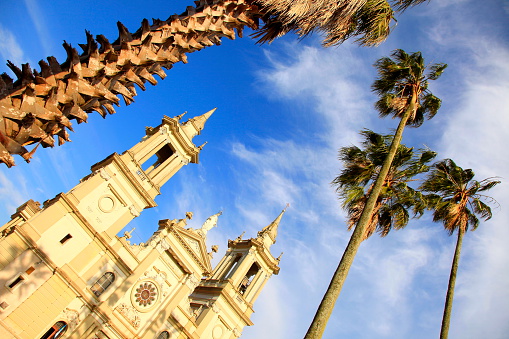 Baroque colonial church framed by palm trees, Brazil, South America.