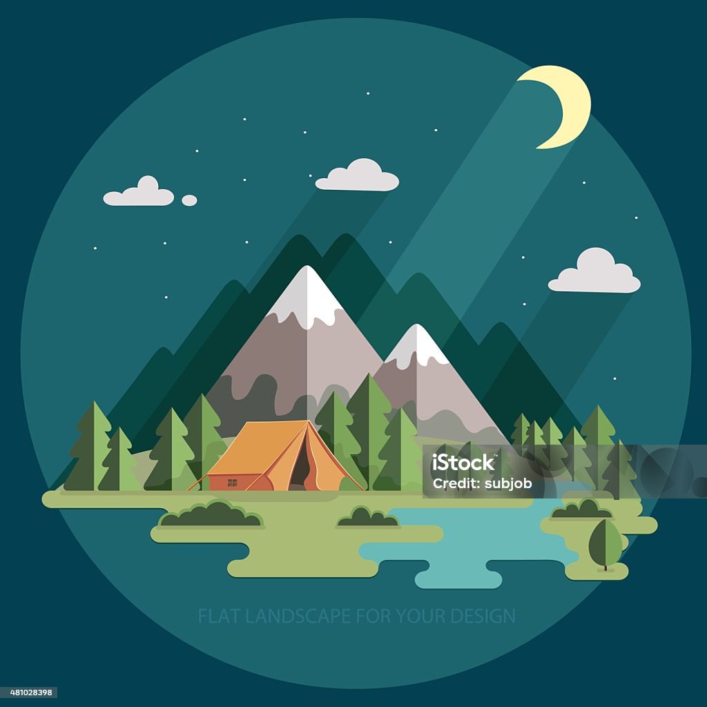 night landscape in the mountains. Hiking and camping. flat illustration summer landscape. night landscape in the mountains. Solitude in nature by the river. Weekend in the tent. Hiking and camping. Vector flat illustration 2015 stock vector