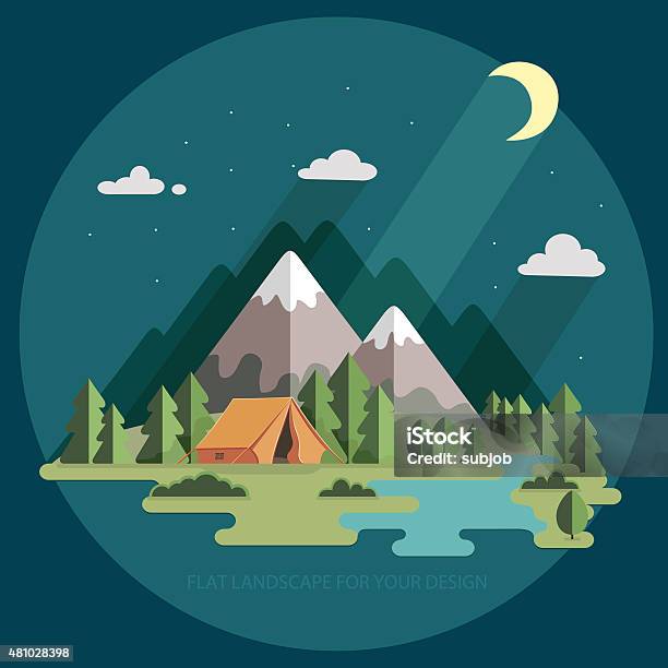 Night Landscape In The Mountains Hiking And Camping Flat Illustration Stock Illustration - Download Image Now