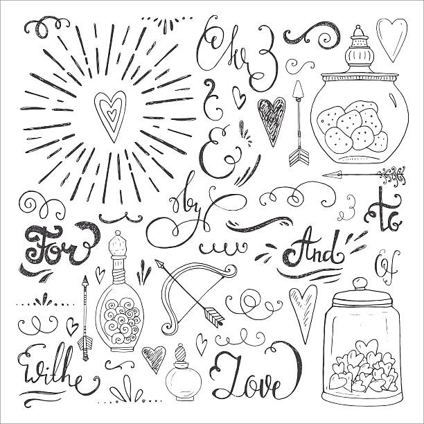 Romantic elements Romantic vector elements. Hand drawn typography, sketched jars and hearts and other objects for valentines card, save the date or wedding card. romantic styles stock illustrations