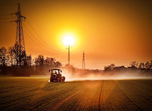 Tractor In A Field At Sunset stock photo